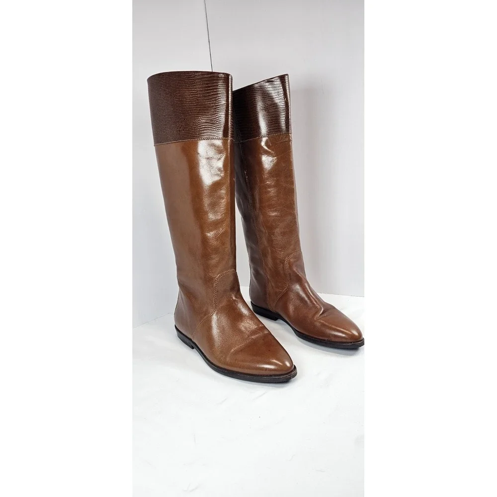 Enzo Angiolini Brown Leather Knee High Boots 8M Croc‎ Top Riding Italy 2 Tone
